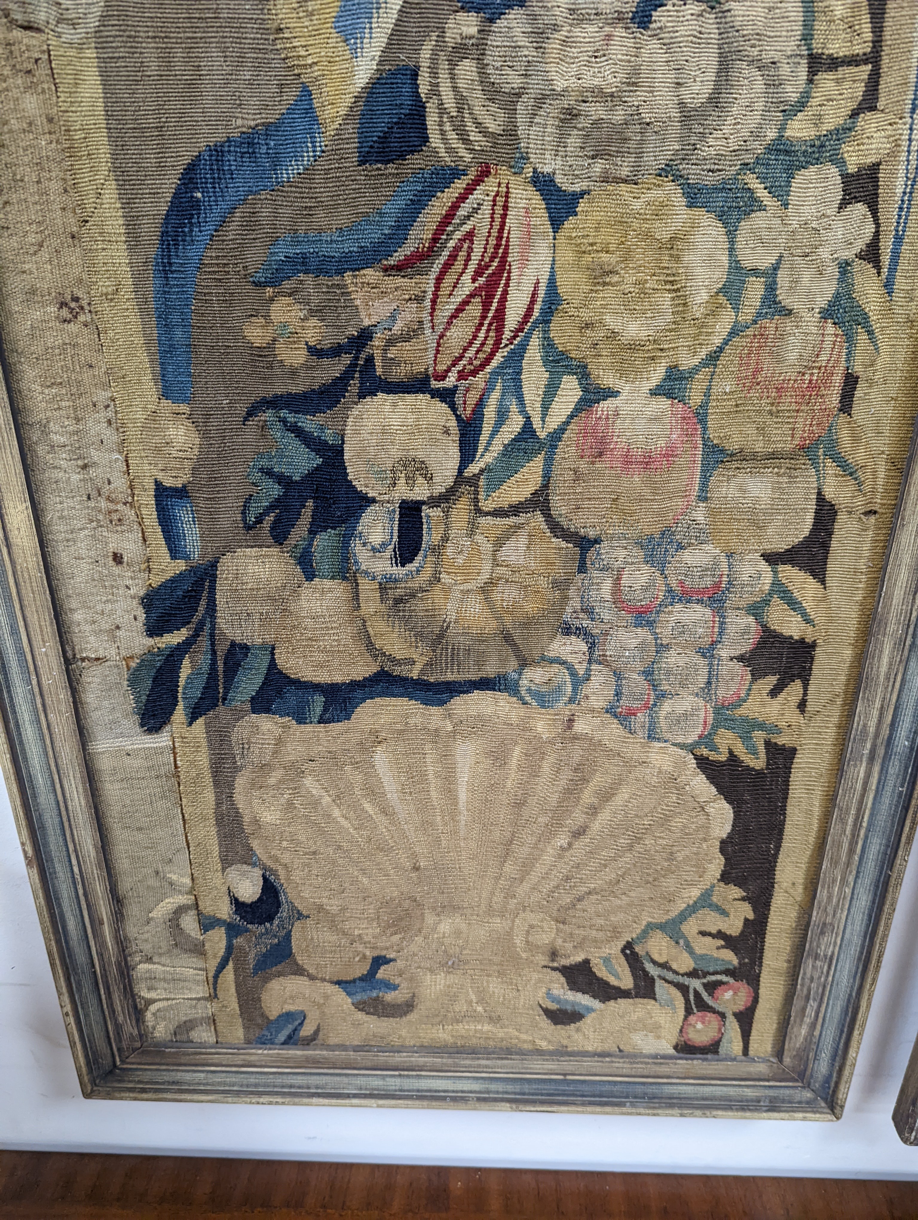 A pair of 17th century Mortlake tapestry panels of cherubs, circa 1660, with flowers, fruit and parrots, standing above scallop shells, later framed, 152 x 41cm, overall 161 x 50cm